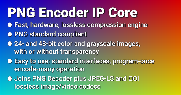 The PNG-E PNG Lossless Image Compression Encoder is a new IP core from CAST.